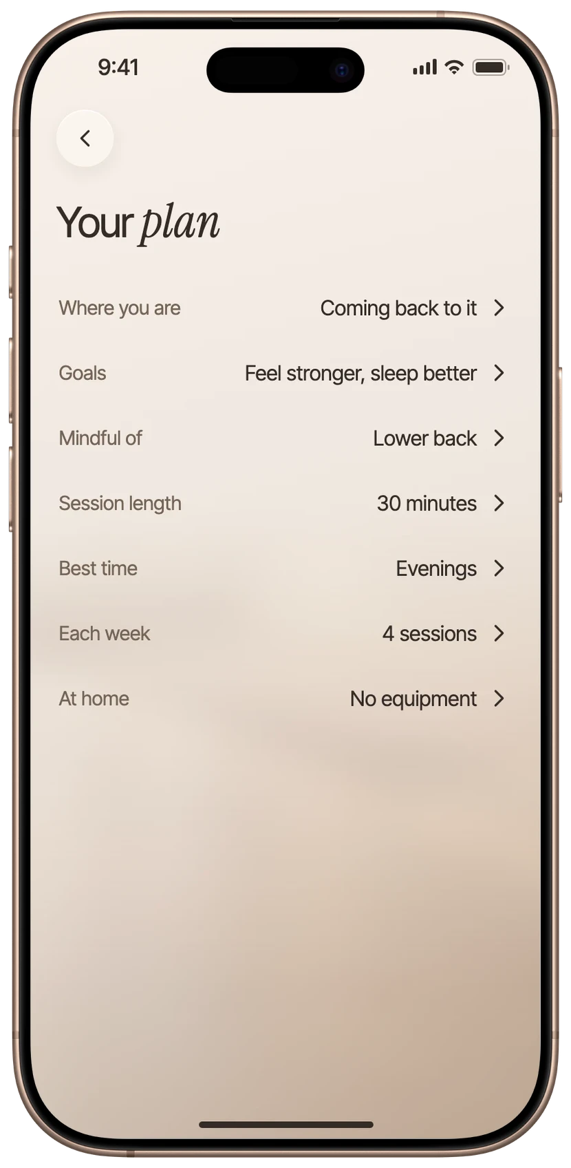 Your plan in Sana: coming back to it, feel stronger and sleep better, mindful of the lower back, thirty minutes in the evenings