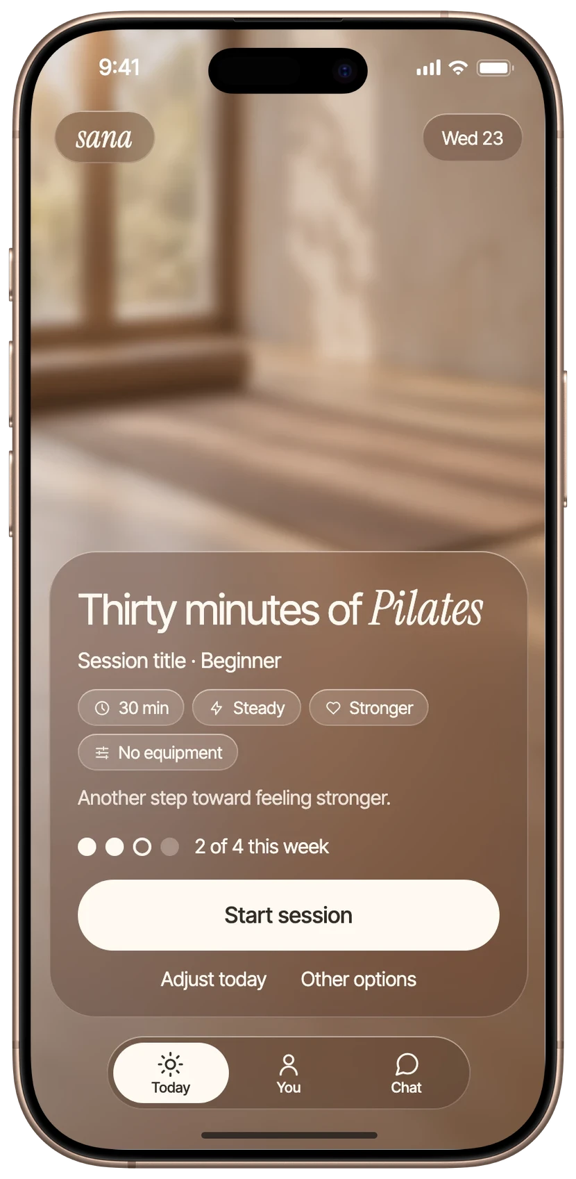Sana's Today screen with thirty minutes of Pilates ready to start
